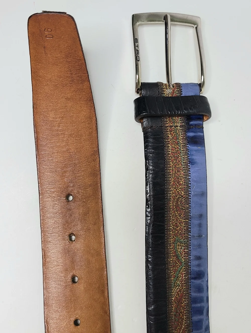 Etro Milano Made In Italy Paisley Striped Color Block Genuine Leather Belt
